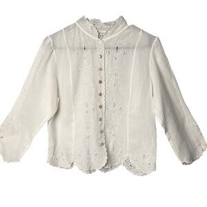 Cabi Linen Blouse Button Up Lacey Eyelet White Size M Coastal Grandma Boho